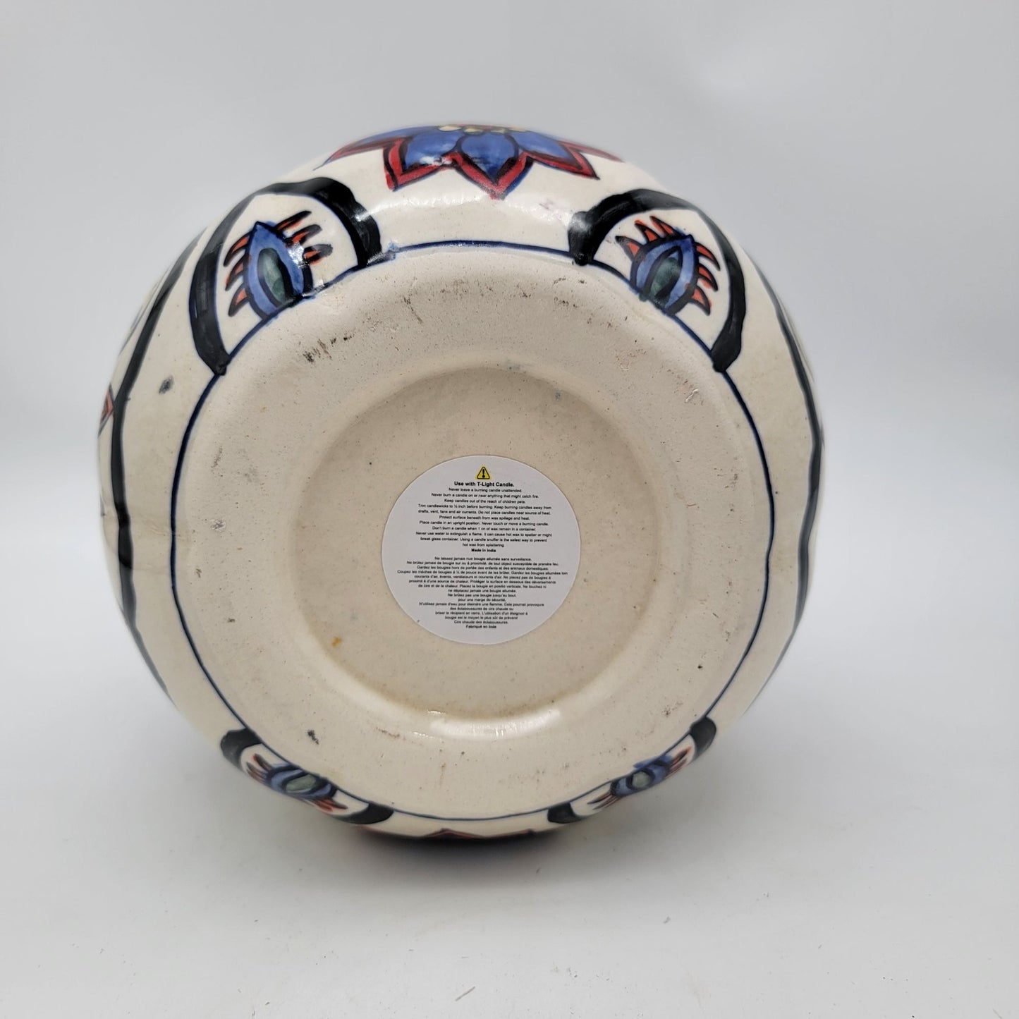 Talavera Style Halloween Pumpkin Jack-O-Lantern White with Large Blue Flower