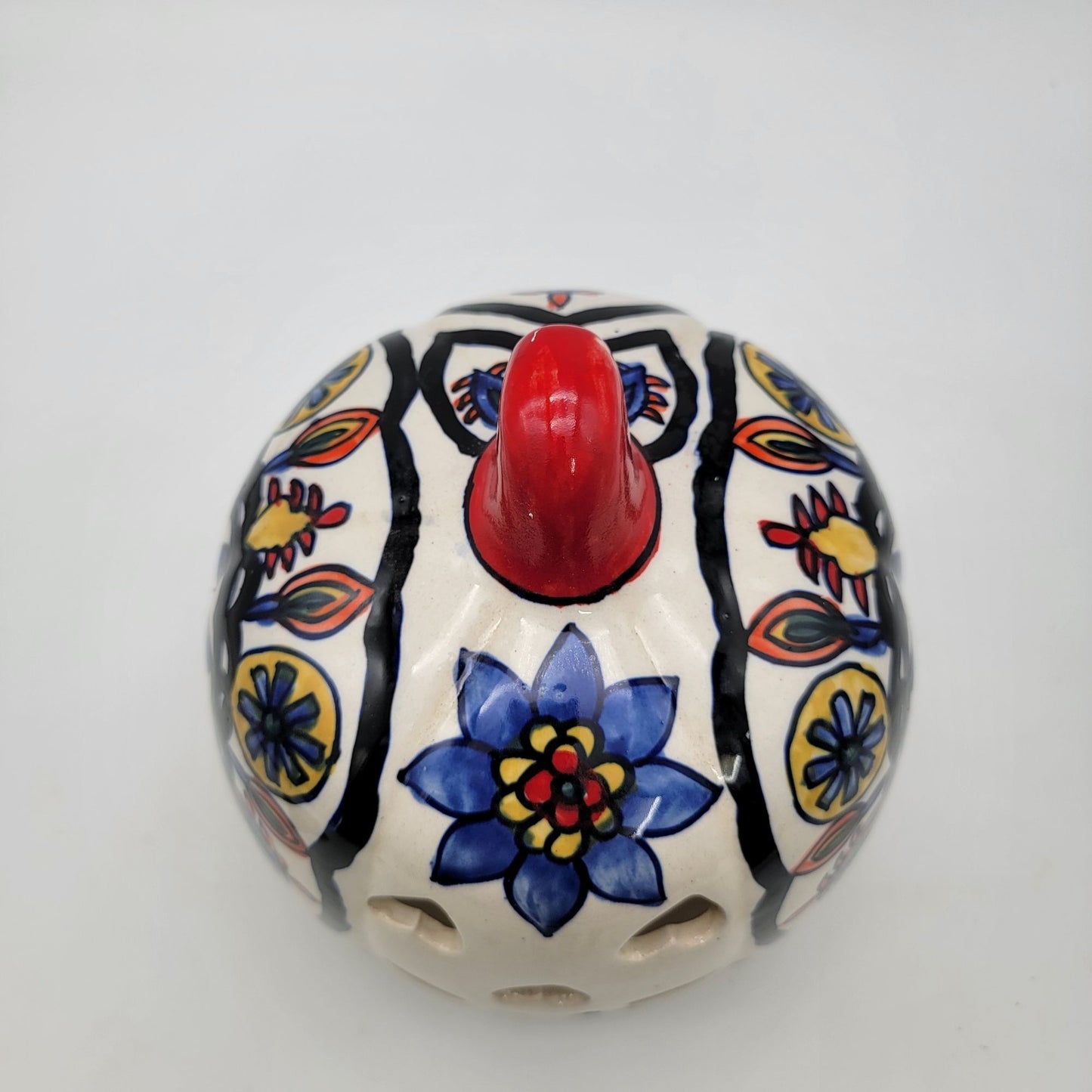 Talavera Style Halloween Pumpkin Jack-O-Lantern White with Large Blue Flower