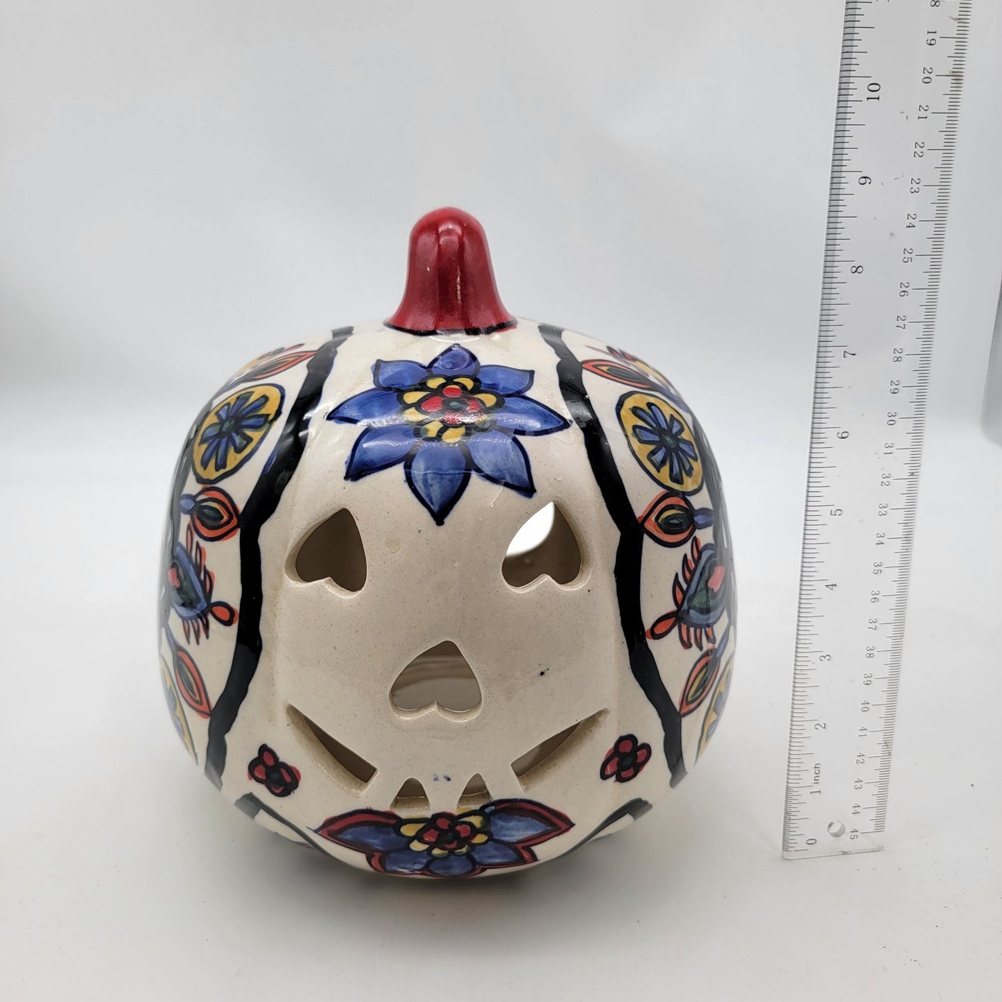 Talavera Style Halloween Pumpkin Jack-O-Lantern White with Large Blue Flower