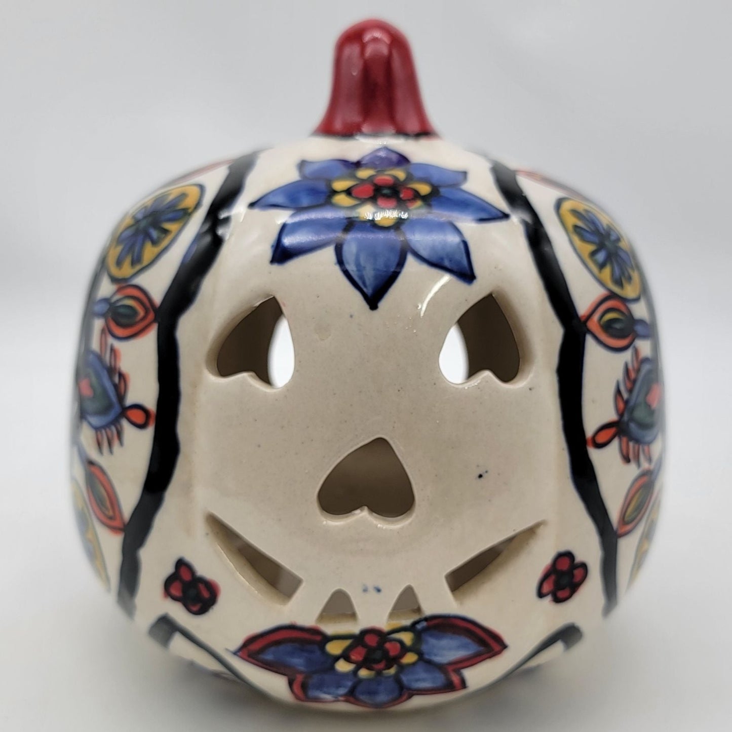 Talavera Style Halloween Pumpkin Jack-O-Lantern White with Large Blue Flower