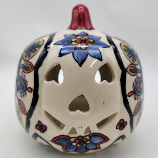 Talavera Style Halloween Pumpkin Jack-O-Lantern White with Large Blue Flower