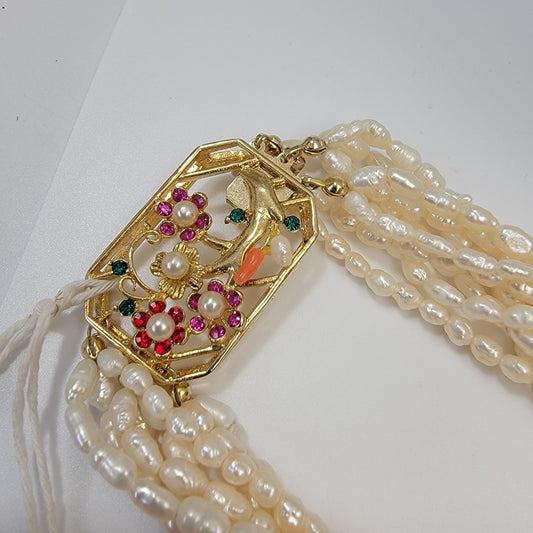 Vintage Multi-Strand Biwa Pearls Torsade Necklace With Ornate Multi-Colored Gemstones & Coral Clasp