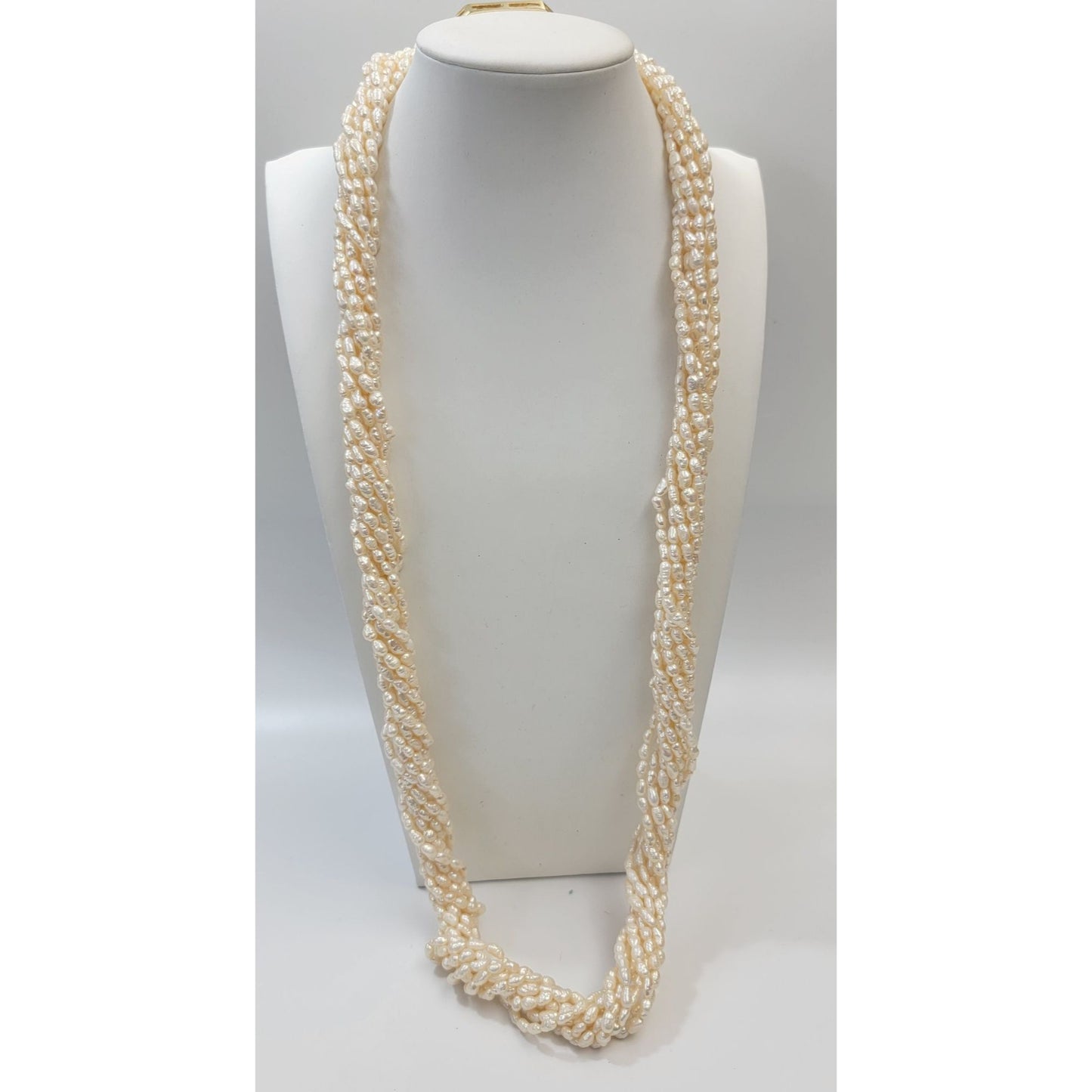 Vintage Multi-Strand Biwa Pearls Torsade Necklace With Ornate Multi-Colored Gemstones & Coral Clasp