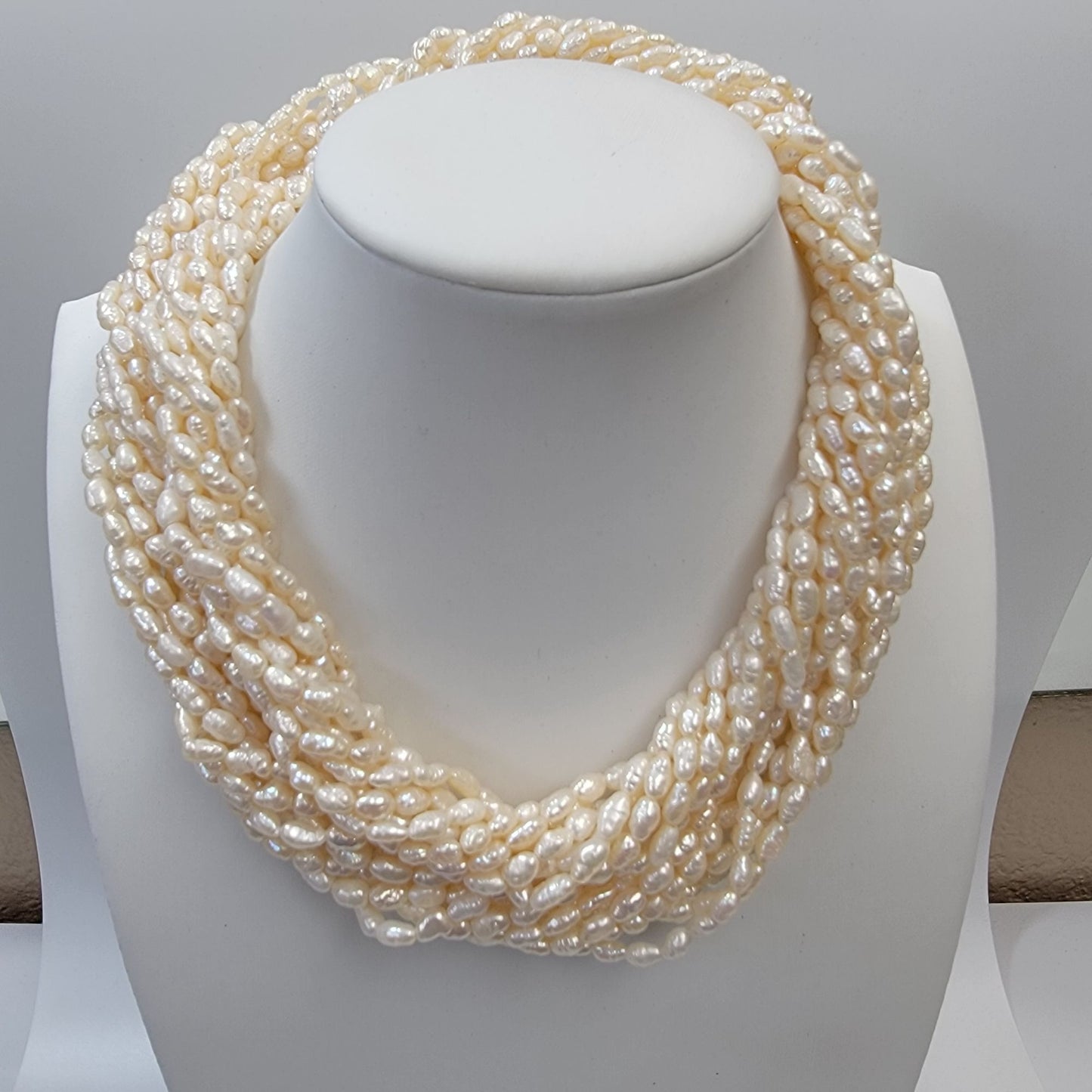 Vintage Multi-Strand Biwa Pearls Torsade Necklace With Ornate Multi-Colored Gemstones & Coral Clasp