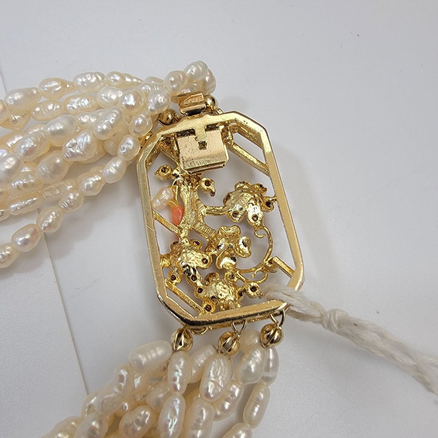 Vintage Multi-Strand Biwa Pearls Torsade Necklace With Ornate Multi-Colored Gemstones & Coral Clasp