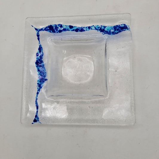 Fused Art Glass Square Trinket Dish Clear & Blue