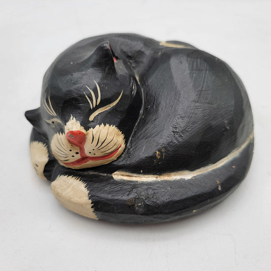 Hand-Carved Wooden Sleeping Cat Figurine