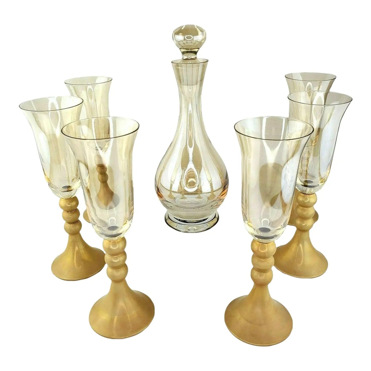Late 20th Century Bombay Glass Decanter Set 6 Glasses Gold Frosted Stems Made in Poland