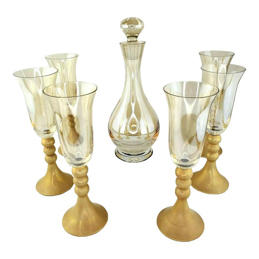 Late 20th Century Bombay Glass Decanter Set 6 Glasses Gold Frosted Stems Made in Poland