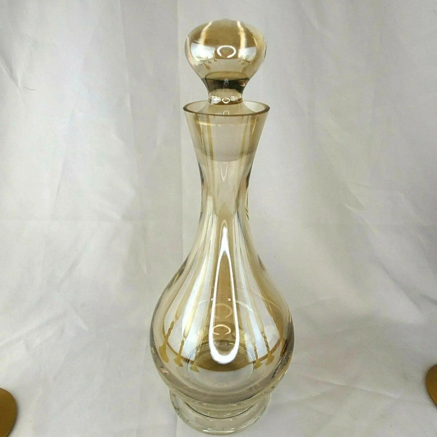 Late 20th Century Bombay Glass Decanter Set 6 Glasses Gold Frosted Stems Made in Poland