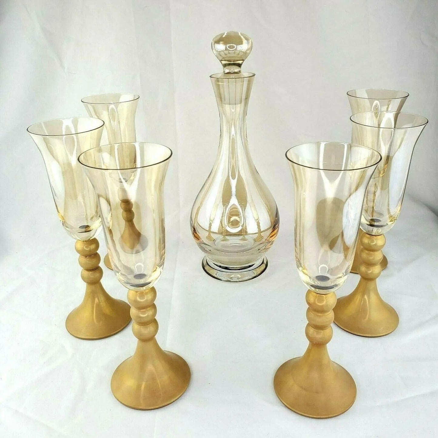 Late 20th Century Bombay Glass Decanter Set 6 Glasses Gold Frosted Stems Made in Poland