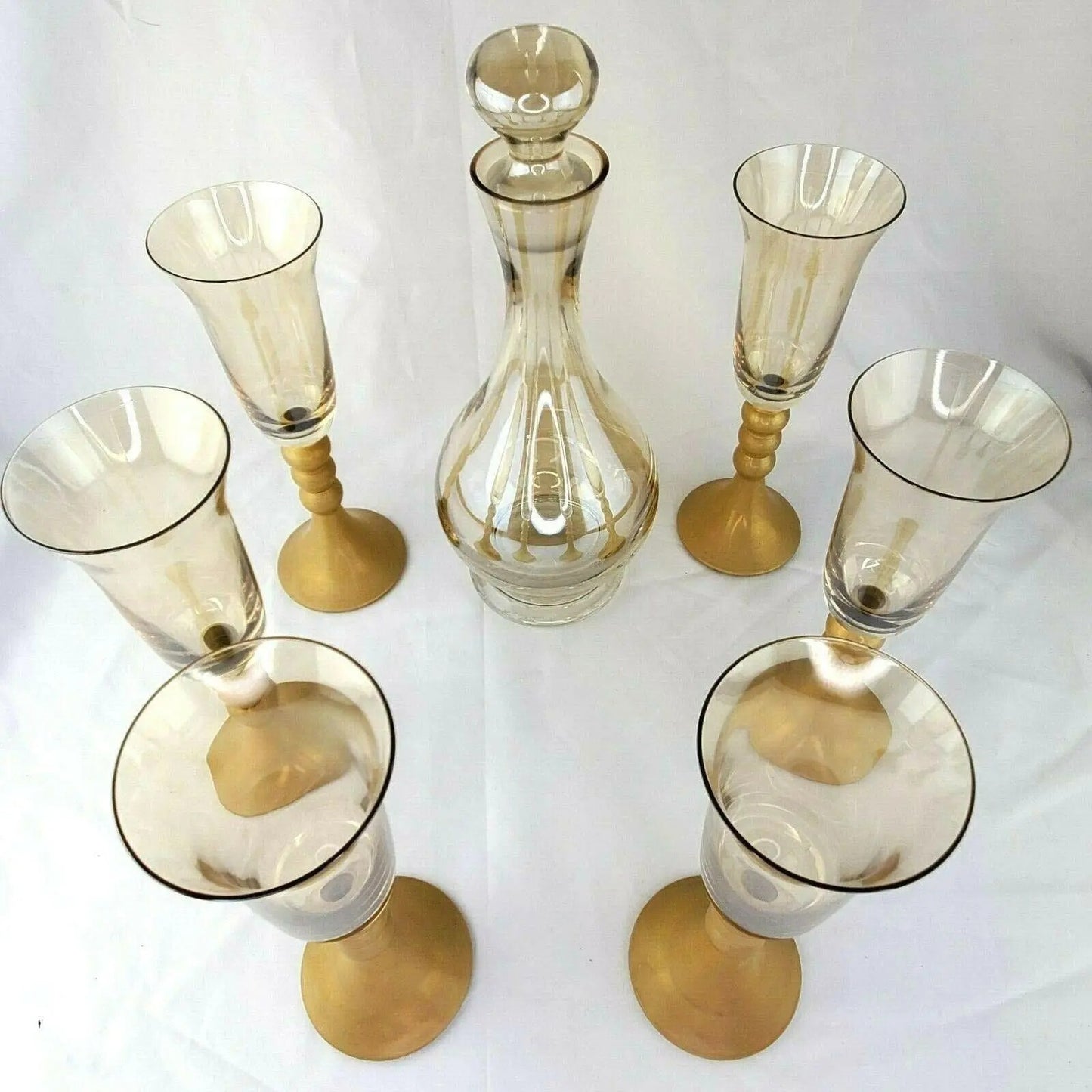 Late 20th Century Bombay Glass Decanter Set 6 Glasses Gold Frosted Stems Made in Poland