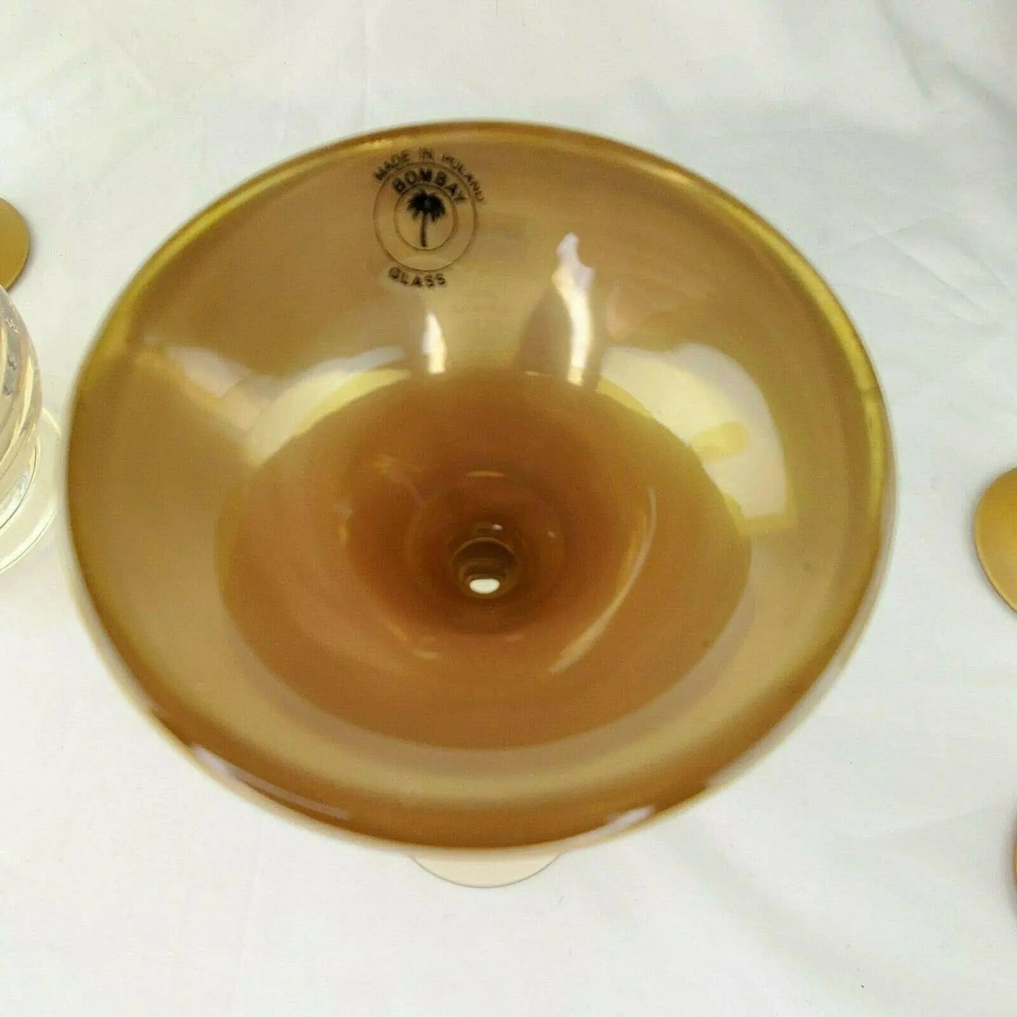 Late 20th Century Bombay Glass Decanter Set 6 Glasses Gold Frosted Stems Made in Poland