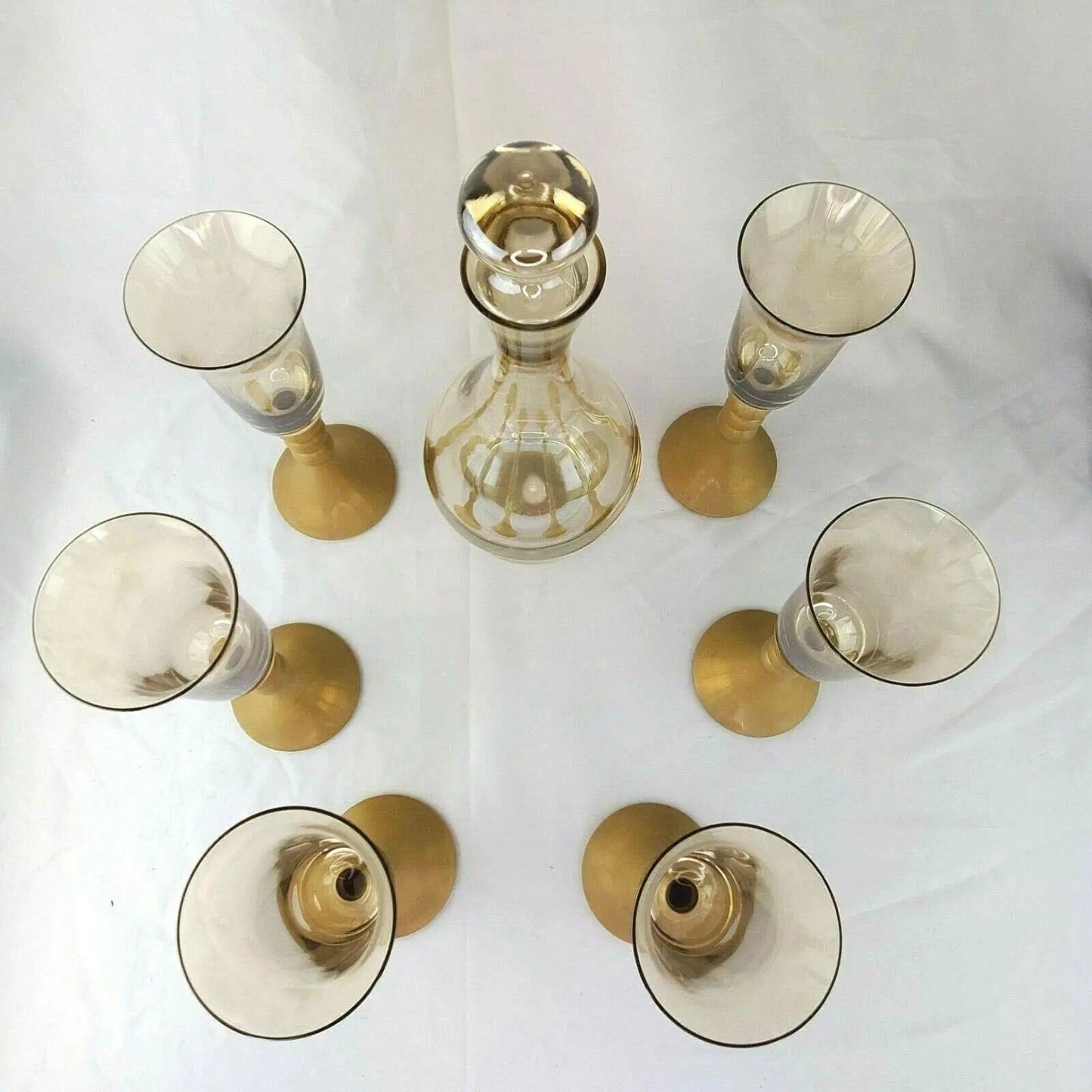 Late 20th Century Bombay Glass Decanter Set 6 Glasses Gold Frosted Stems Made in Poland