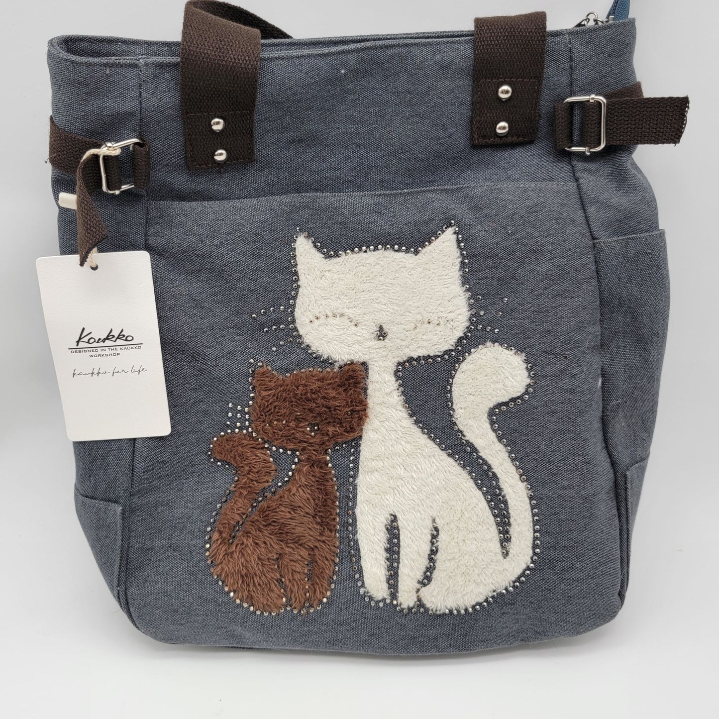 Kaukko Cat Design Canvas Tote Bag With Embroidered Cats Accent