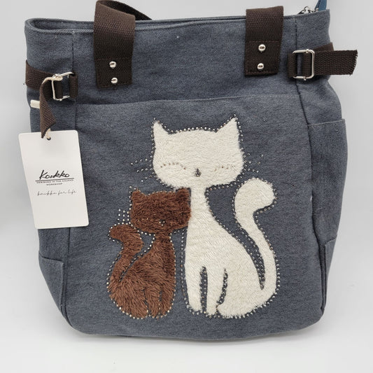 Kaukko Cat Design Canvas Tote Bag With Embroidered Cats Accent