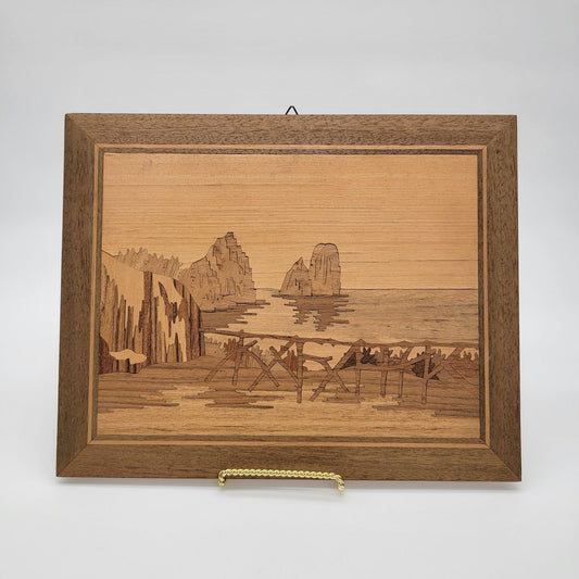 Vintage Marquetry Wood Inlay Ocean Shore Scene