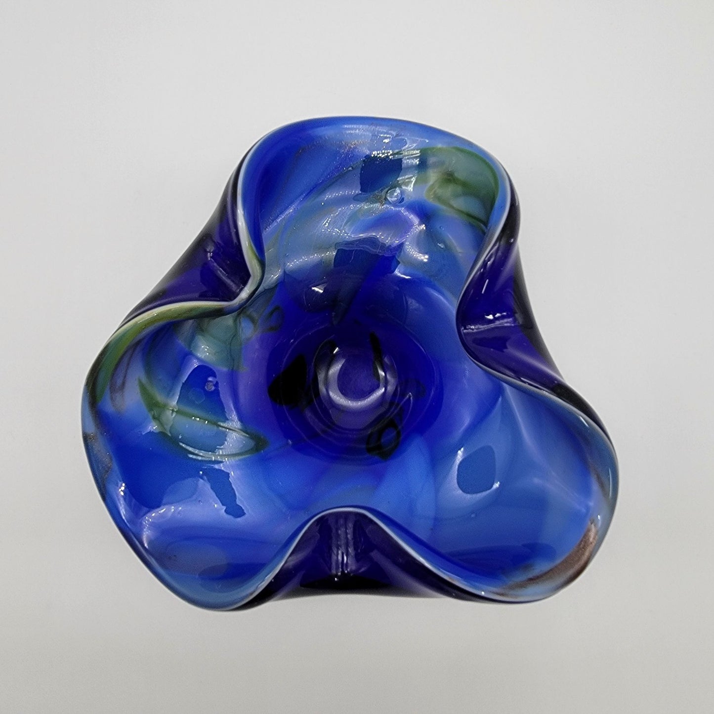 Vintage Favio Poli Blue Murano Art Glass Bowl Swirled Green Accents