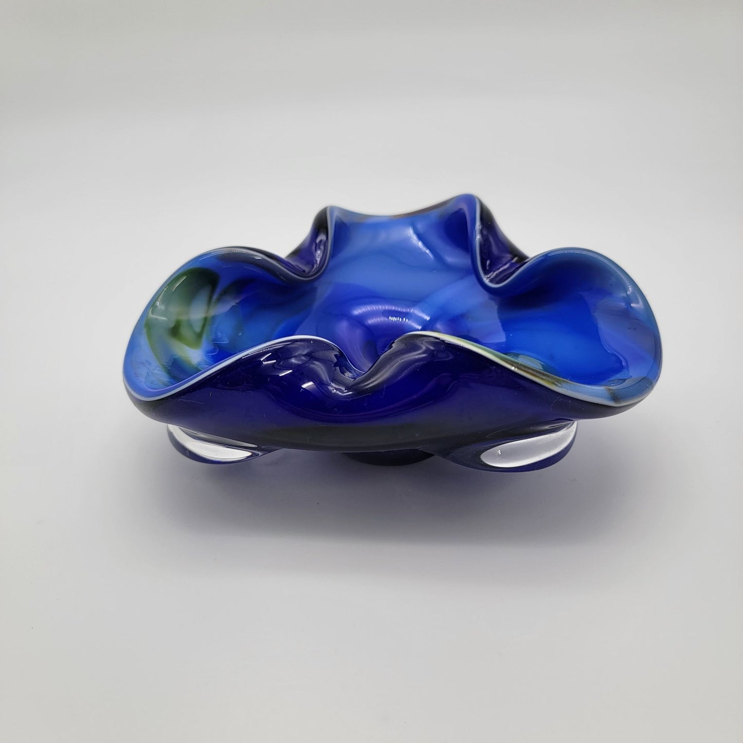 Vintage Favio Poli Blue Murano Art Glass Bowl Swirled Green Accents