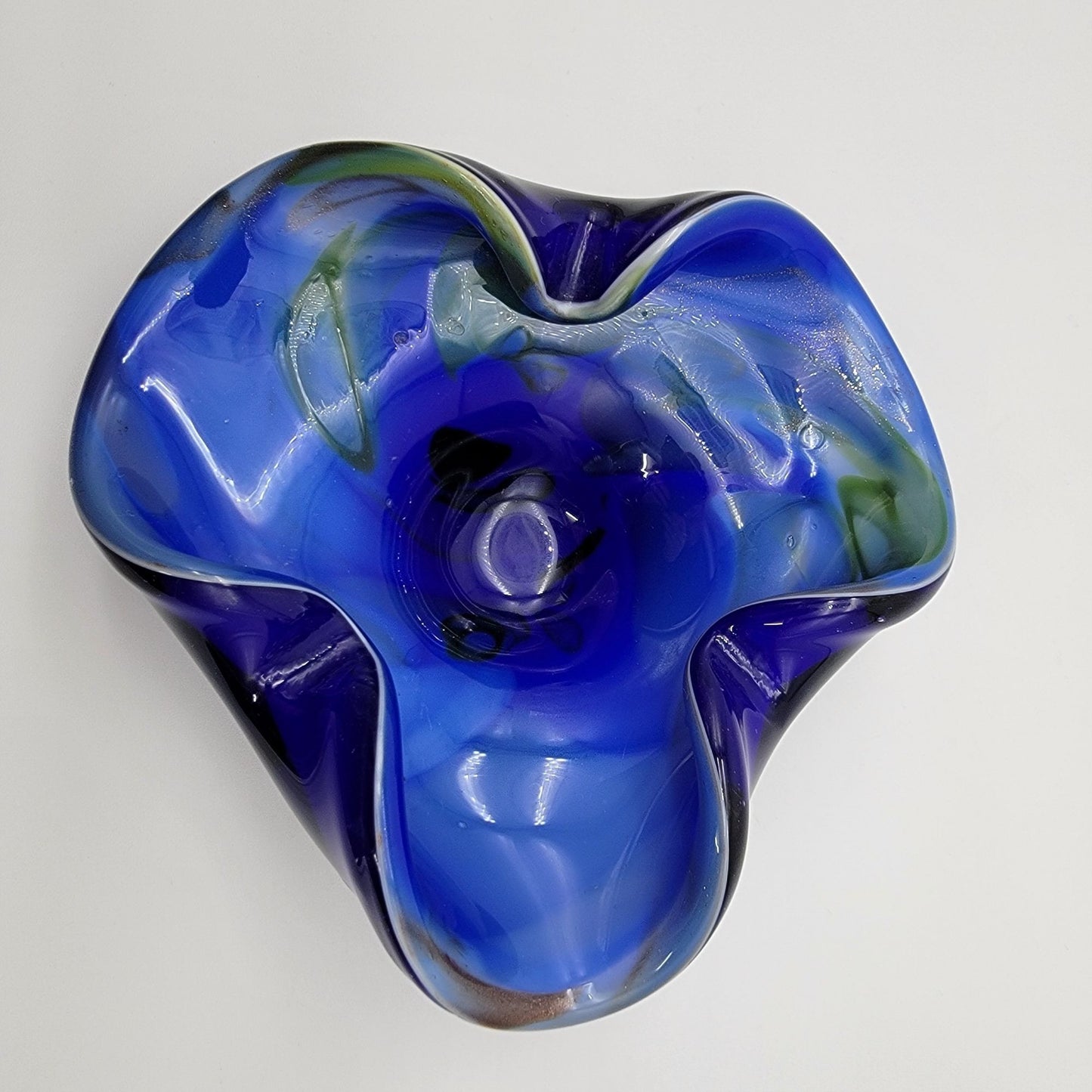 Vintage Favio Poli Blue Murano Art Glass Bowl Swirled Green Accents
