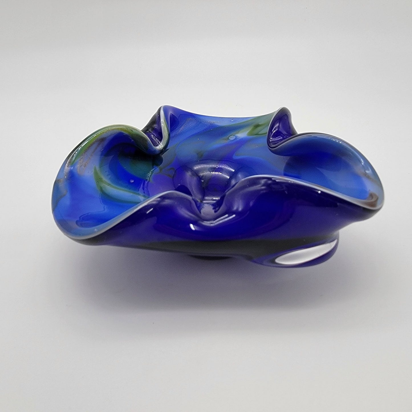 Vintage Favio Poli Blue Murano Art Glass Bowl Swirled Green Accents