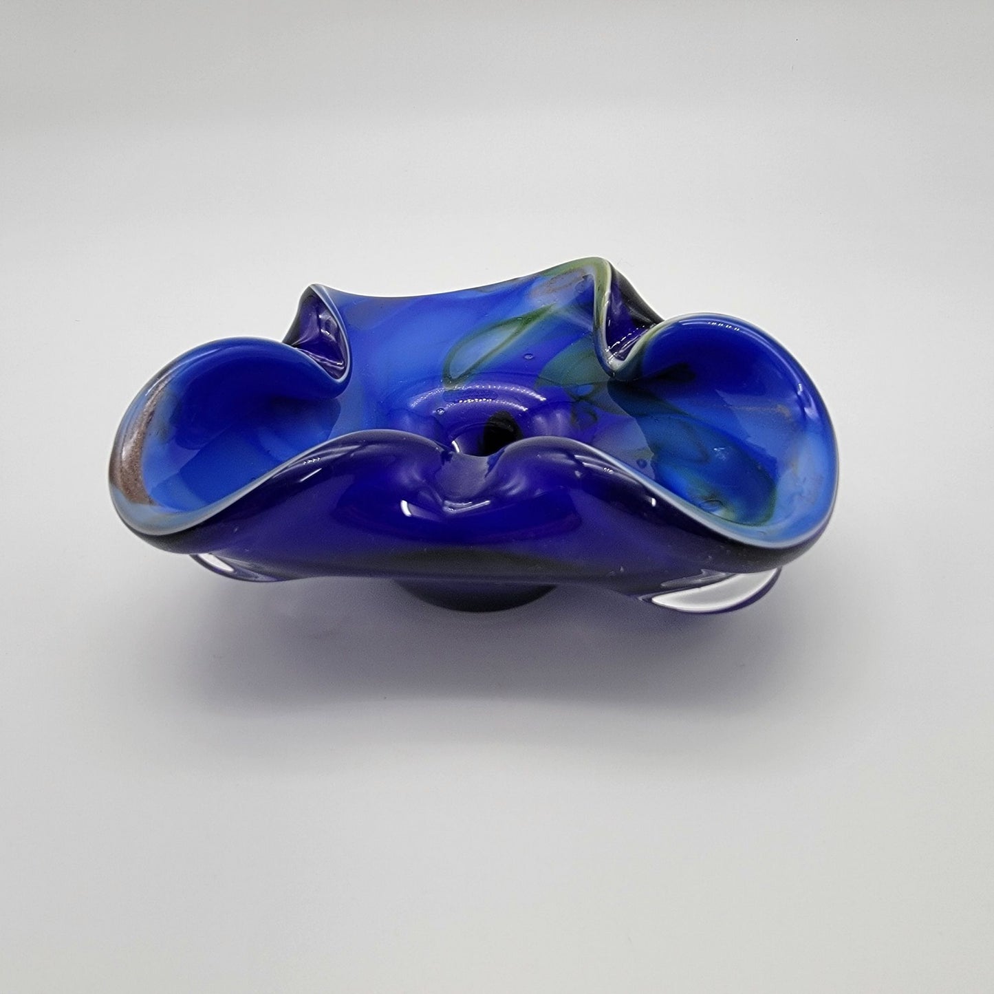 Vintage Favio Poli Blue Murano Art Glass Bowl Swirled Green Accents