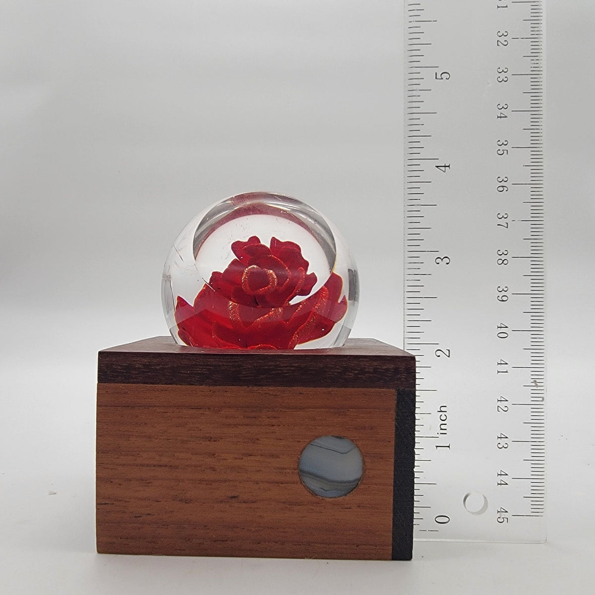Vintage 1983 Red Flower Glass Paperweight With Wood Base Signed