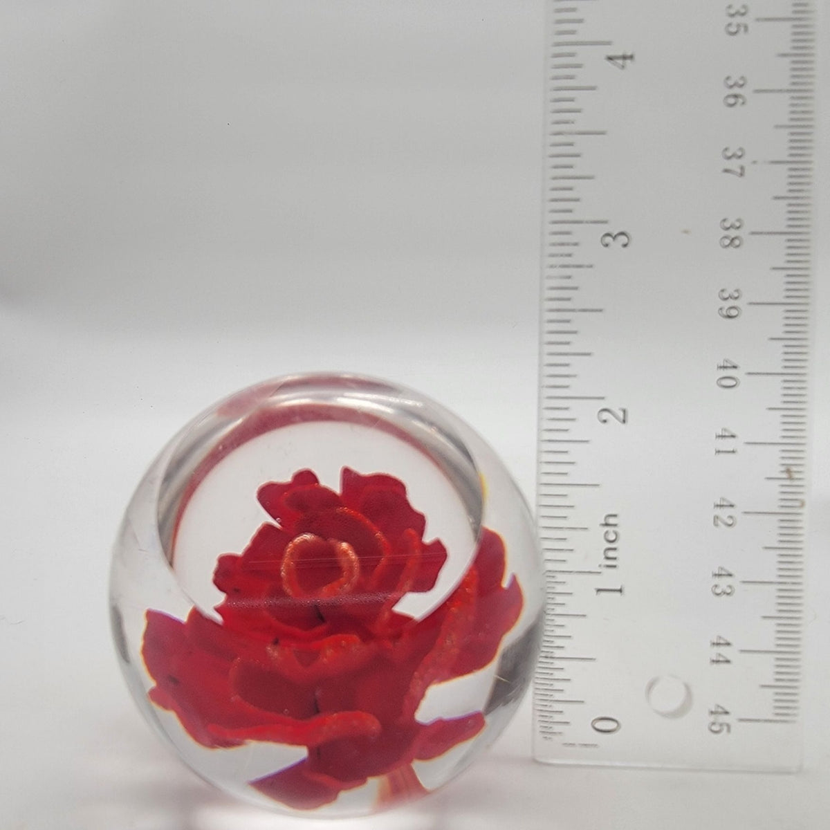 Vintage 1983 Red Flower Glass Paperweight With Wood Base Signed
