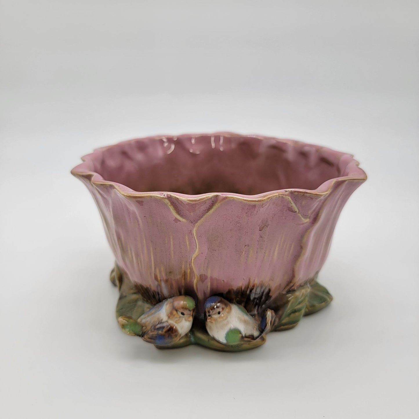 Vintage Majolica Pink Rose Flower Pottery Vase Planter With Birds