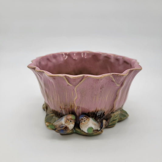 Vintage Majolica Pink Rose Flower Pottery Vase Planter With Birds