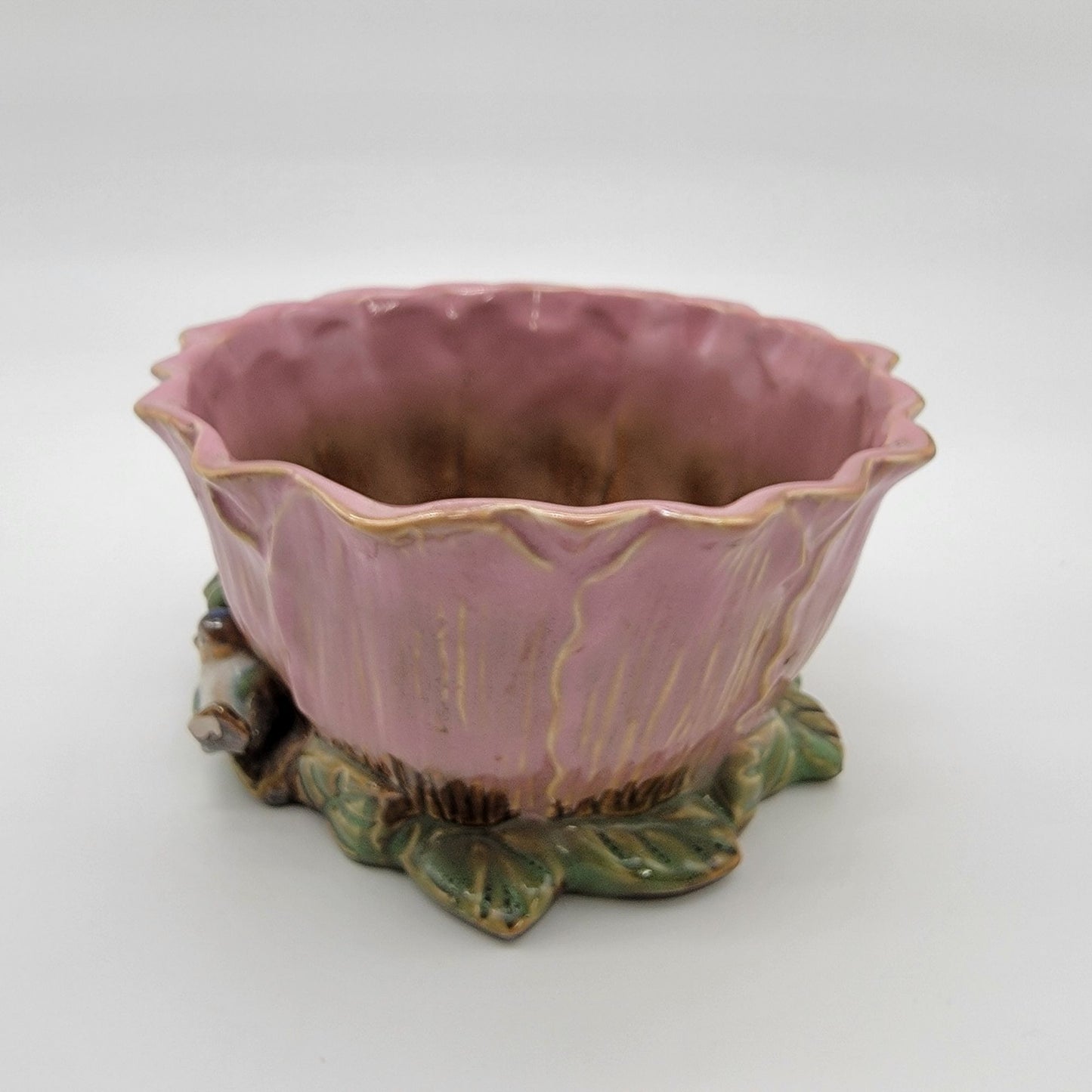 Vintage Majolica Pink Rose Flower Pottery Vase Planter With Birds