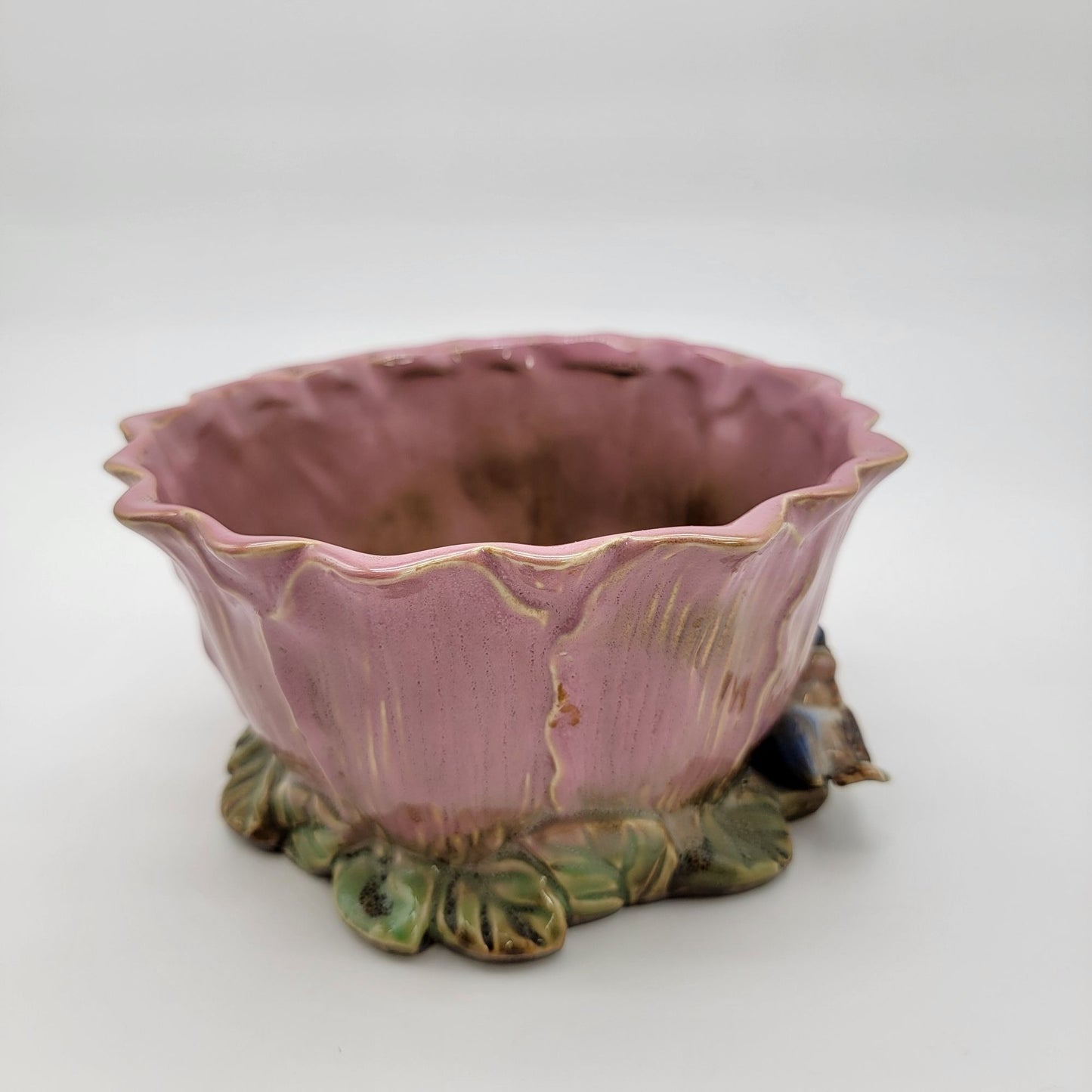 Vintage Majolica Pink Rose Flower Pottery Vase Planter With Birds