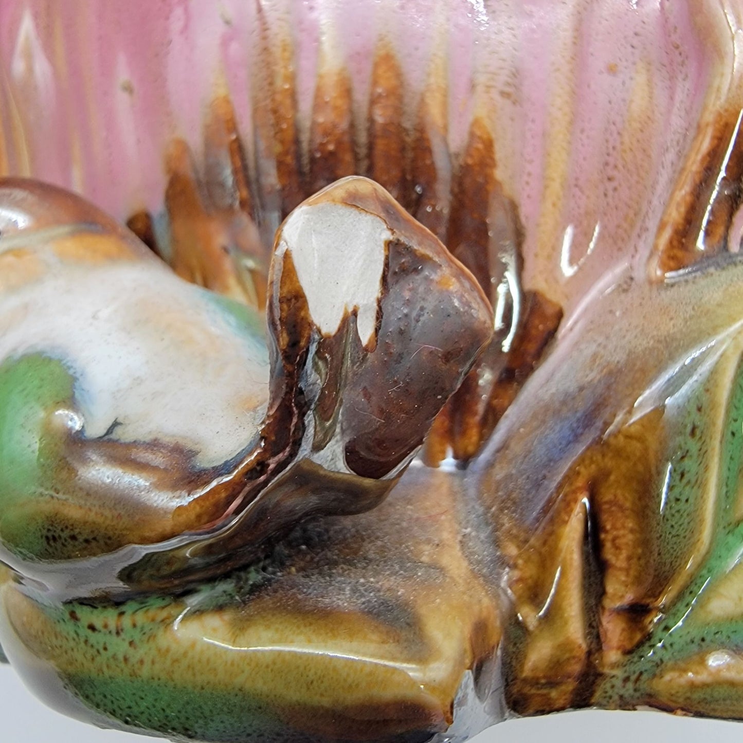 Vintage Majolica Pink Rose Flower Pottery Vase Planter With Birds