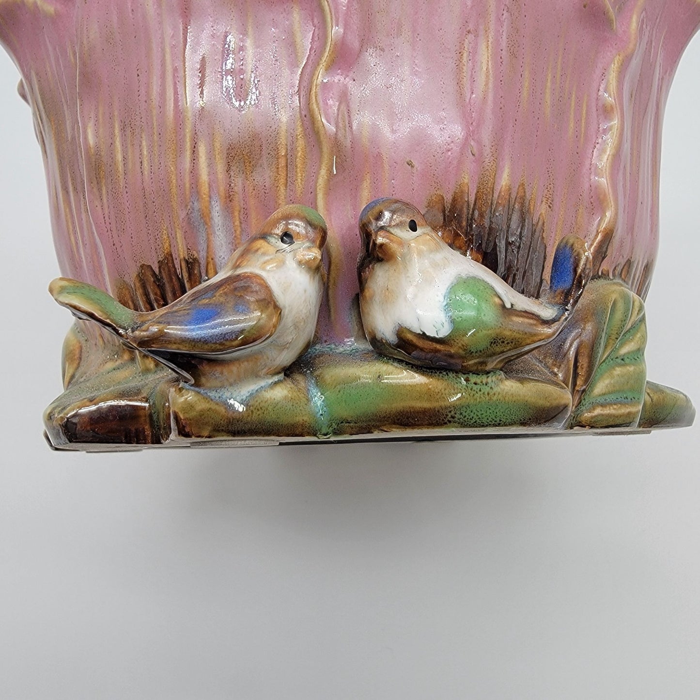 Vintage Majolica Pink Rose Flower Pottery Vase Planter With Birds