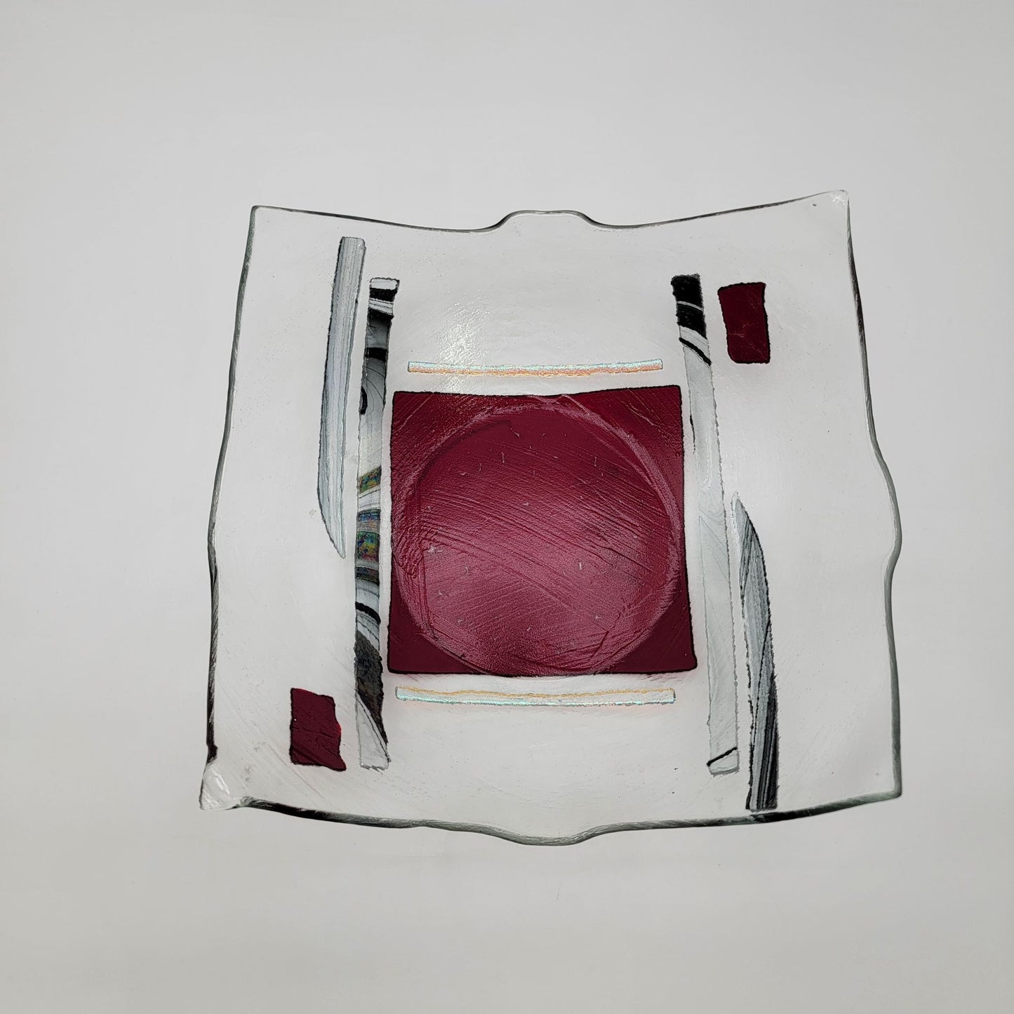 Large Fused Glass Bowl With Abstract Red & Clear Design