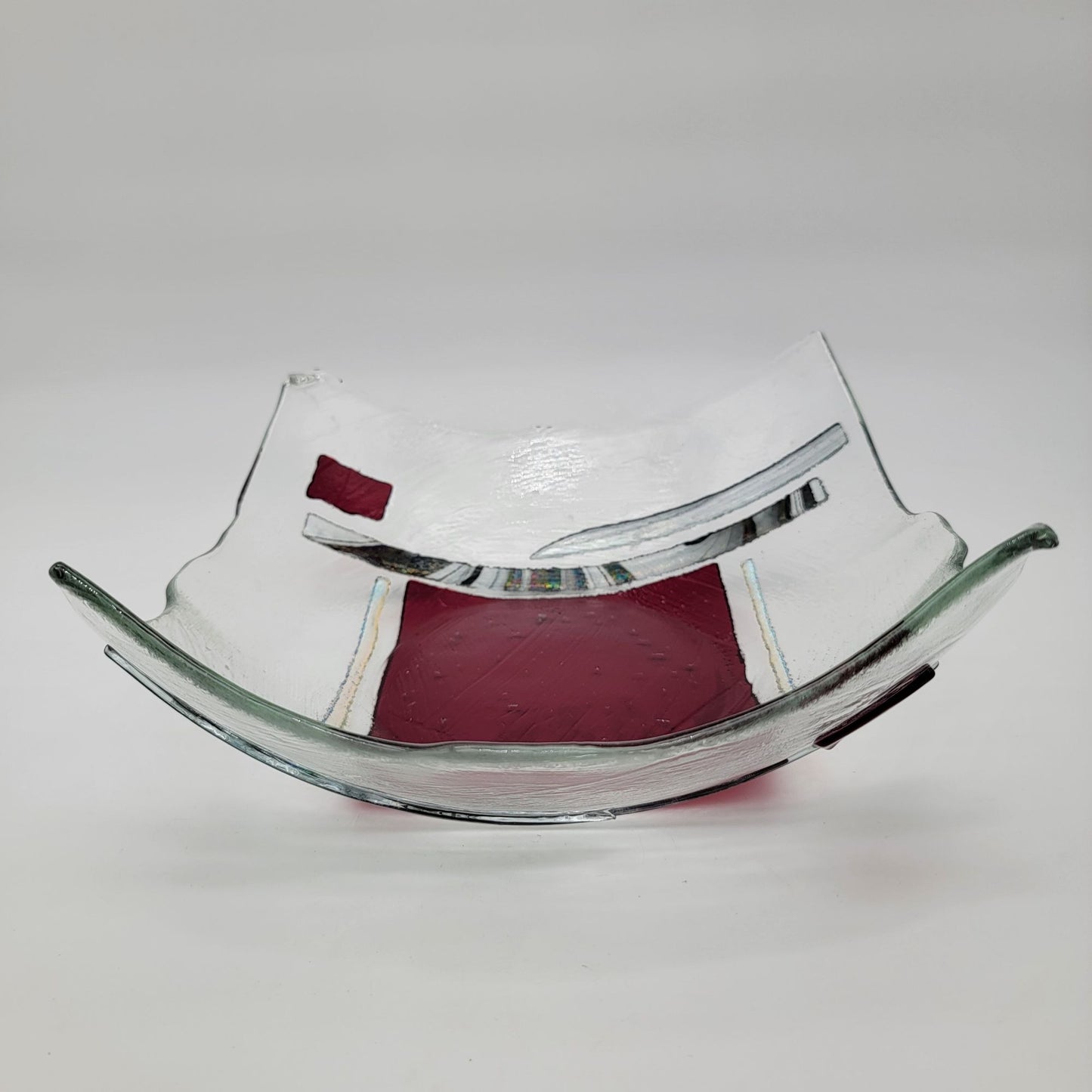 Large Fused Glass Bowl With Abstract Red & Clear Design