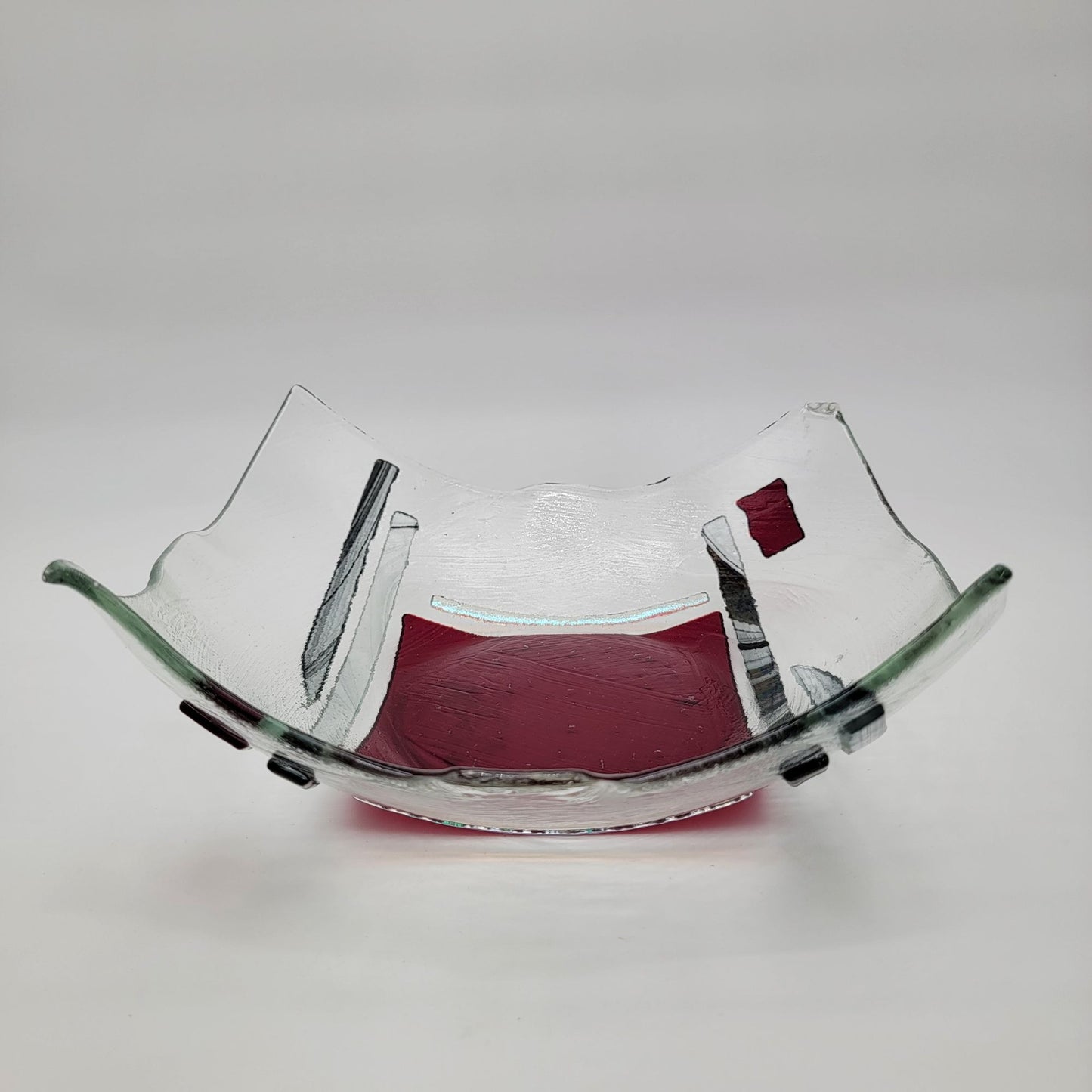 Large Fused Glass Bowl With Abstract Red & Clear Design