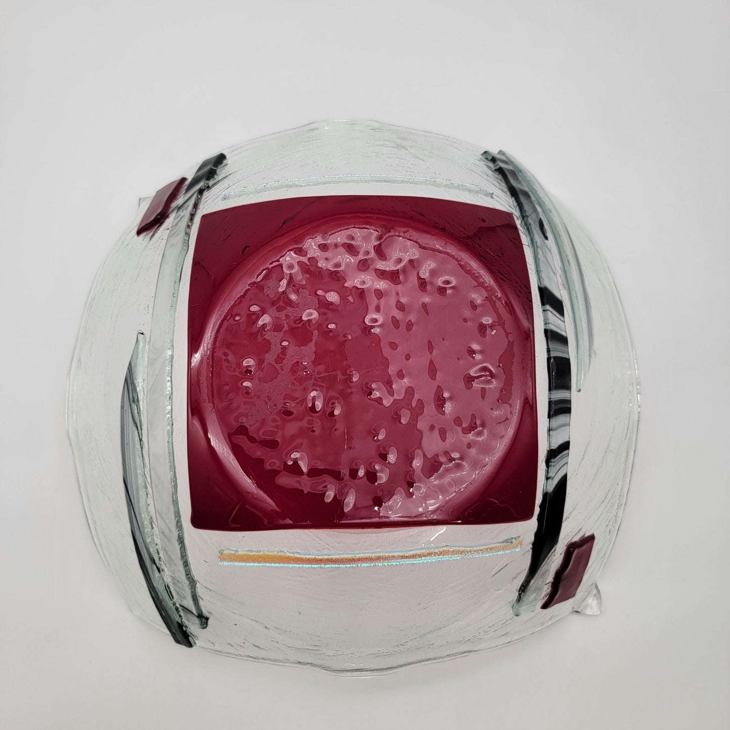 Large Fused Glass Bowl With Abstract Red & Clear Design
