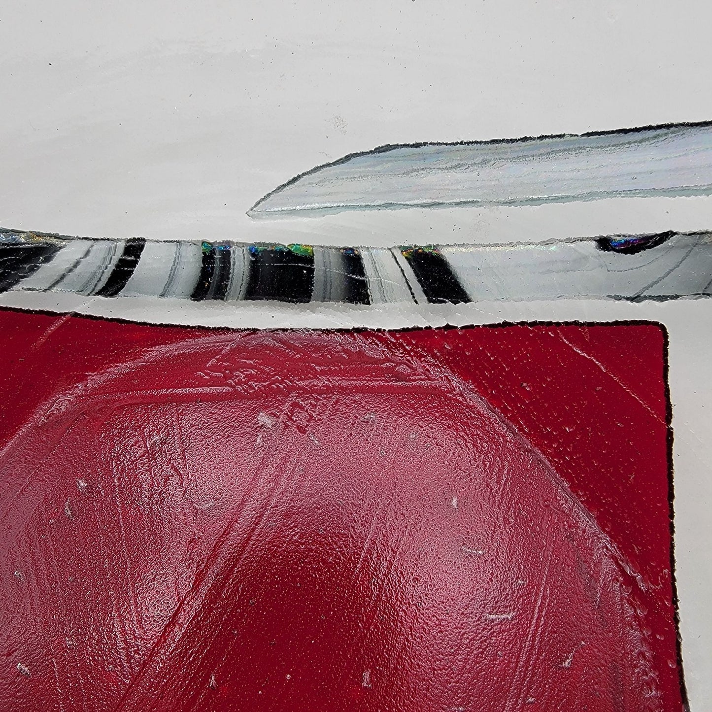 Large Fused Glass Bowl With Abstract Red & Clear Design