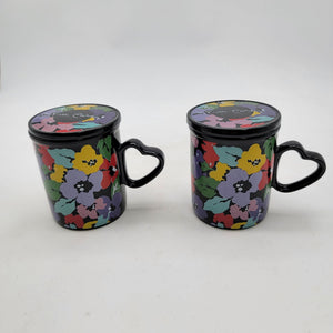 Pair of Pierre Cardin Floral Ceramic Mugs With Heart Handles & Lids