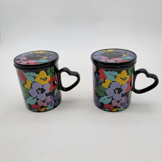 Pair of Pierre Cardin Floral Ceramic Mugs With Heart Handles & Lids