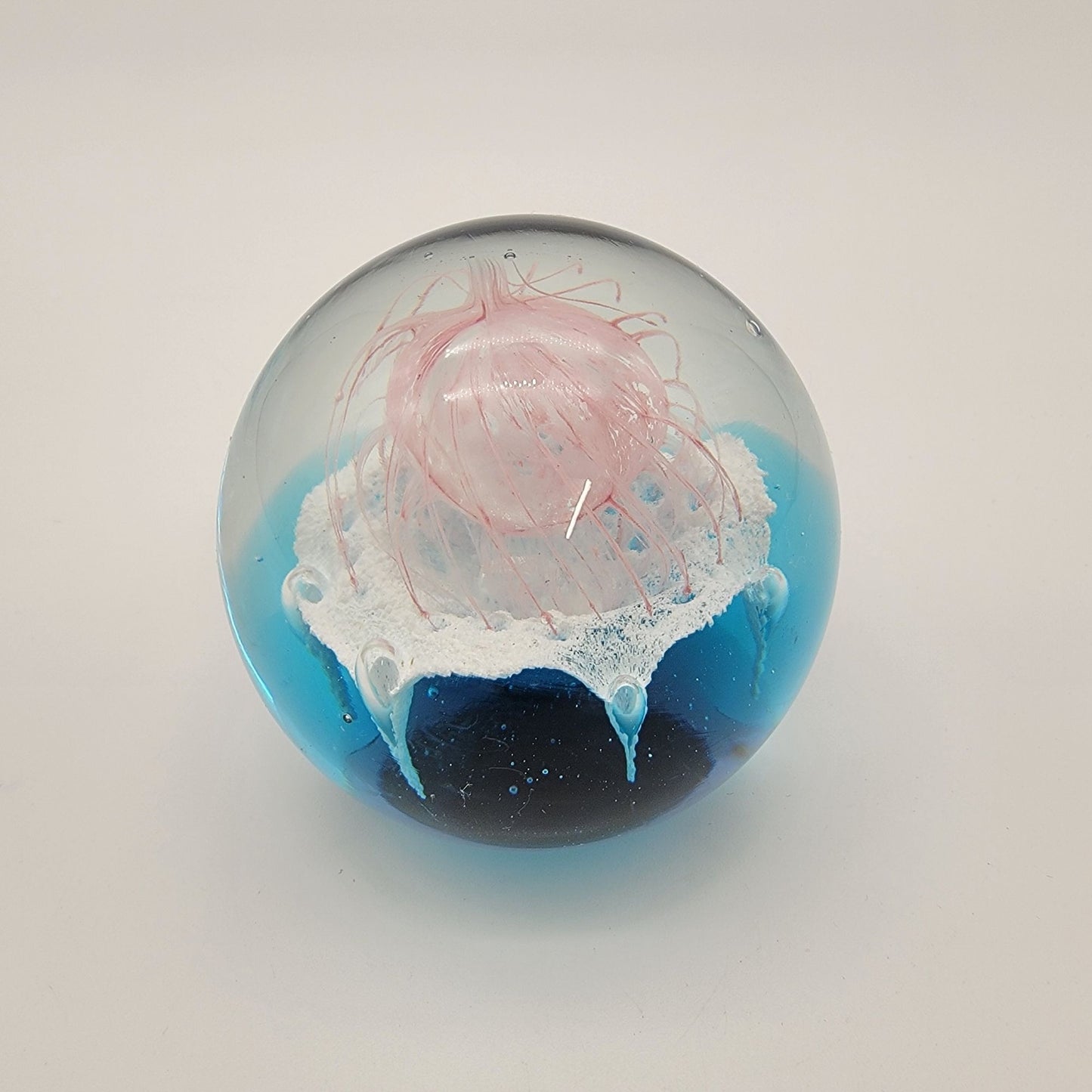 Blown Glass Jellyfish Ocean Sphere Paperweight With Delicate Pink Tendrils