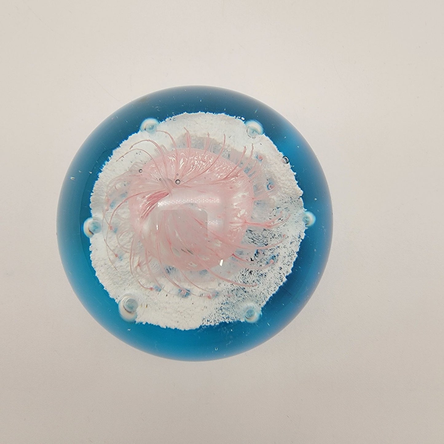 Blown Glass Jellyfish Ocean Sphere Paperweight With Delicate Pink Tendrils