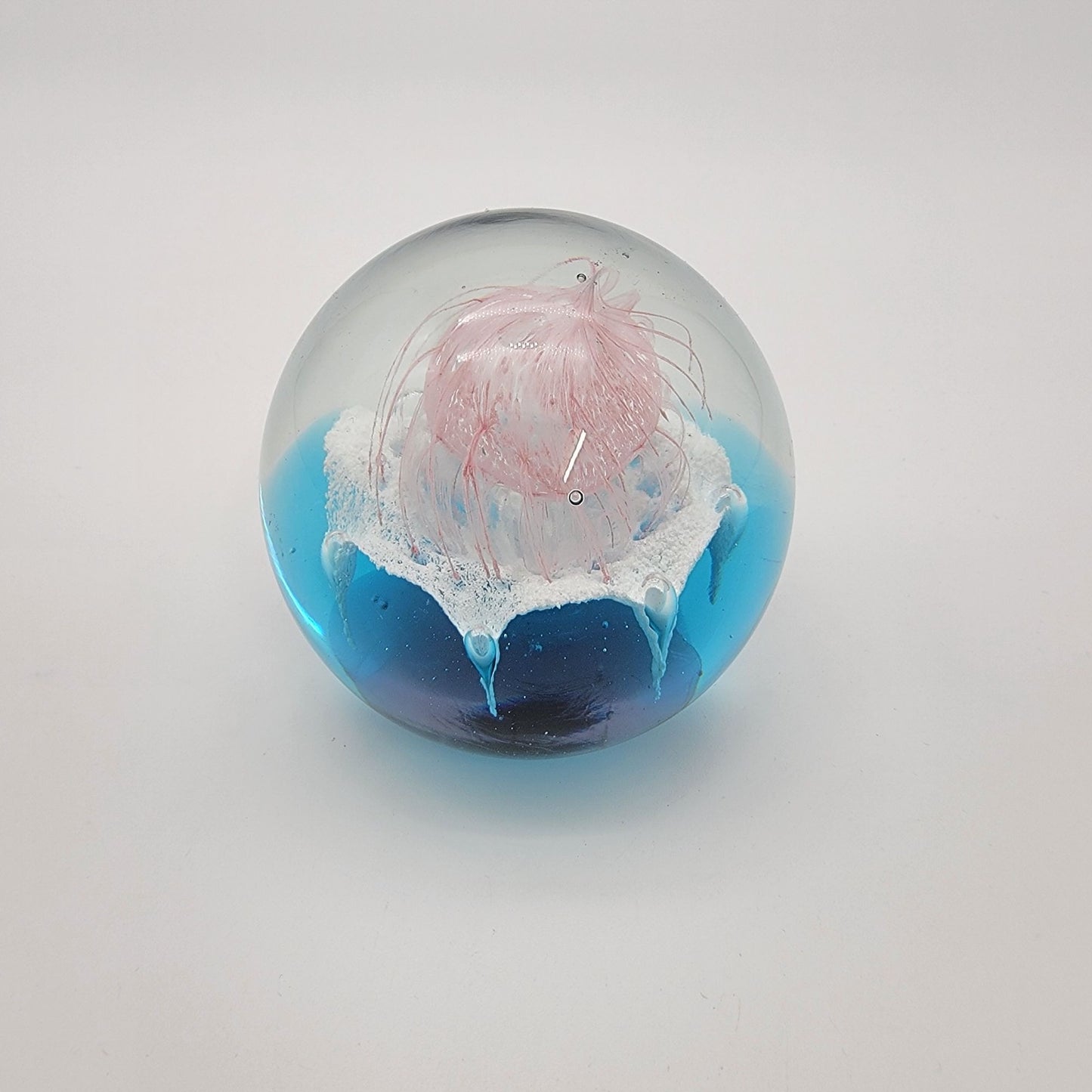 Blown Glass Jellyfish Ocean Sphere Paperweight With Delicate Pink Tendrils