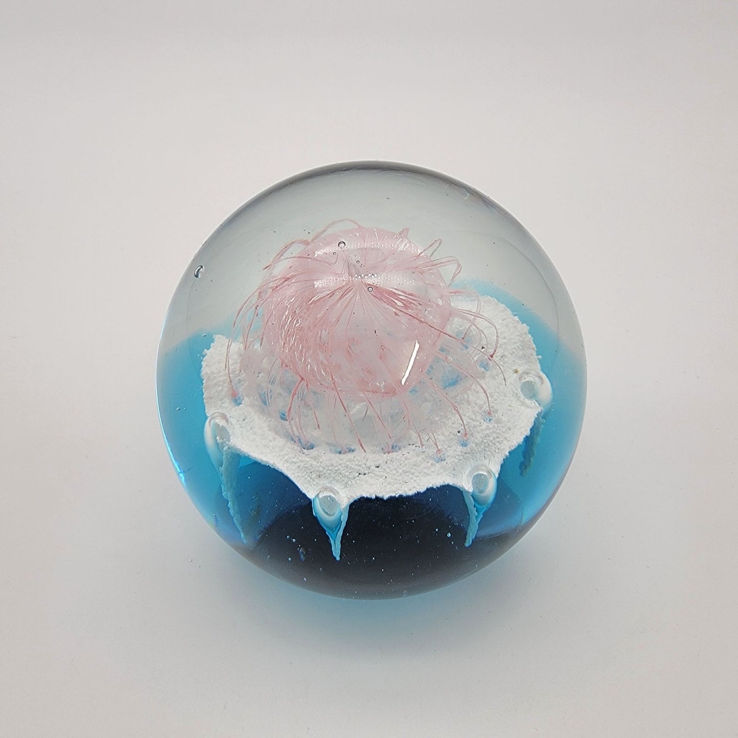 Blown Glass Jellyfish Ocean Sphere Paperweight With Delicate Pink Tendrils