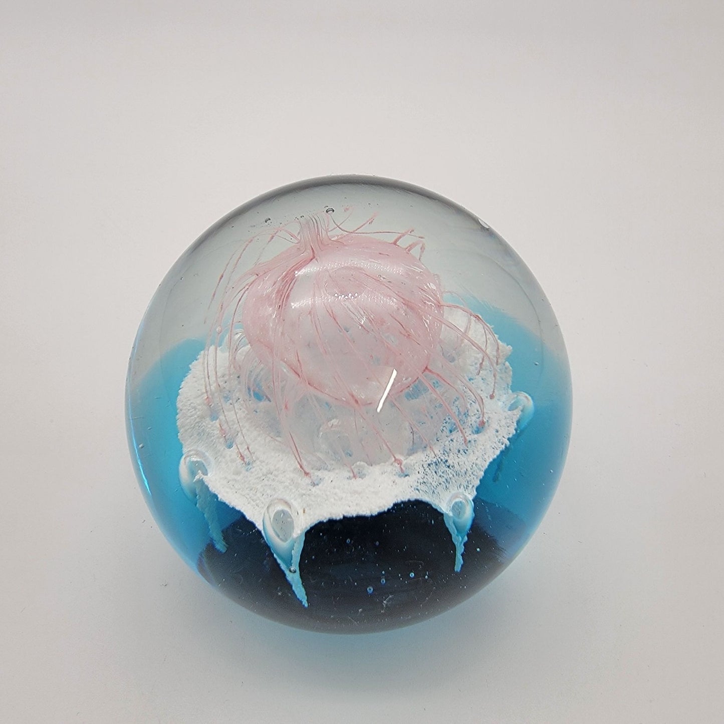 Blown Glass Jellyfish Ocean Sphere Paperweight With Delicate Pink Tendrils