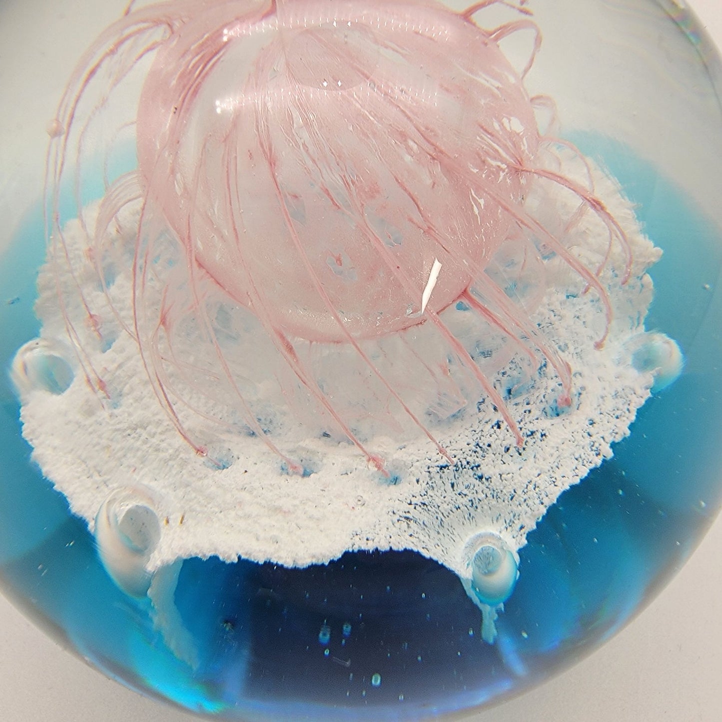 Blown Glass Jellyfish Ocean Sphere Paperweight With Delicate Pink Tendrils