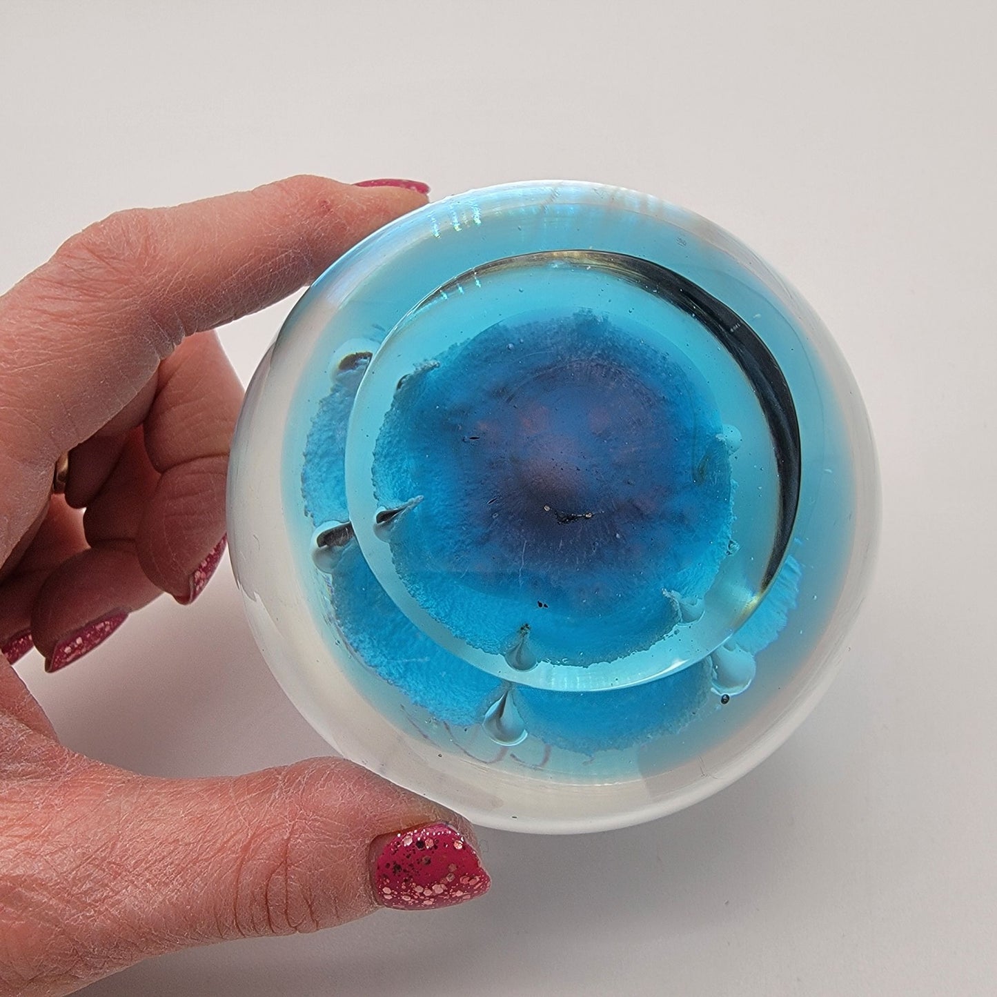 Blown Glass Jellyfish Ocean Sphere Paperweight With Delicate Pink Tendrils