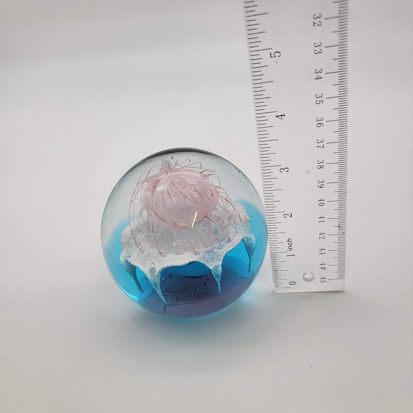 Blown Glass Jellyfish Ocean Sphere Paperweight With Delicate Pink Tendrils