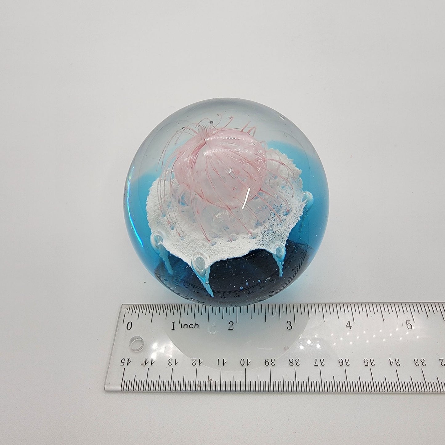 Blown Glass Jellyfish Ocean Sphere Paperweight With Delicate Pink Tendrils